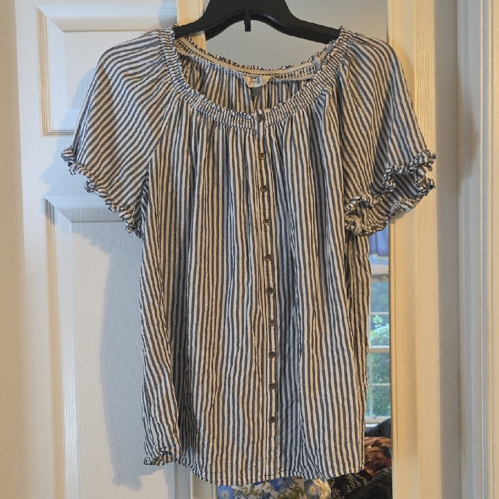Terra & Sky Blue and White Button-Down Blouse